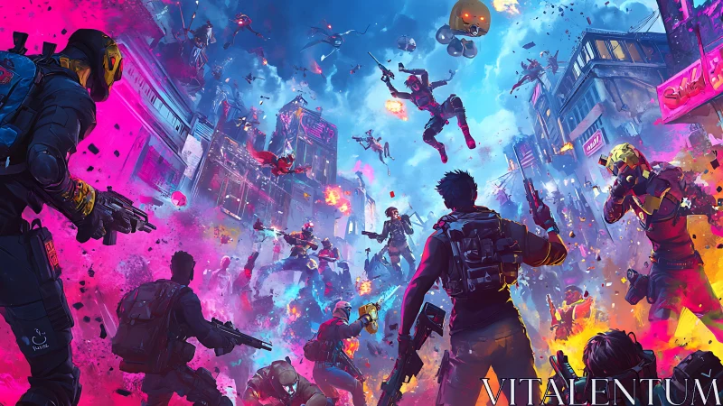 Neon urban battle royale with cybernetic soldiers mid firefight