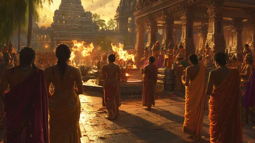 Temple courtyard illuminates a grand sunset fire ritual.