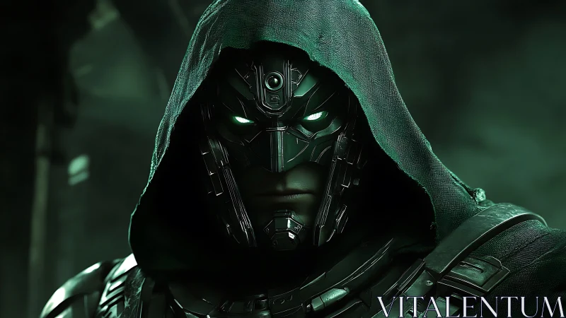 Cloaked cybernetic warrior in dark emerald ambience.