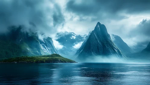 Misty Mountain Fjord Landscape Under Dramatic Skies.