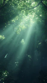 Sunbeams penetrate dense forest canopy in volumetric perspective