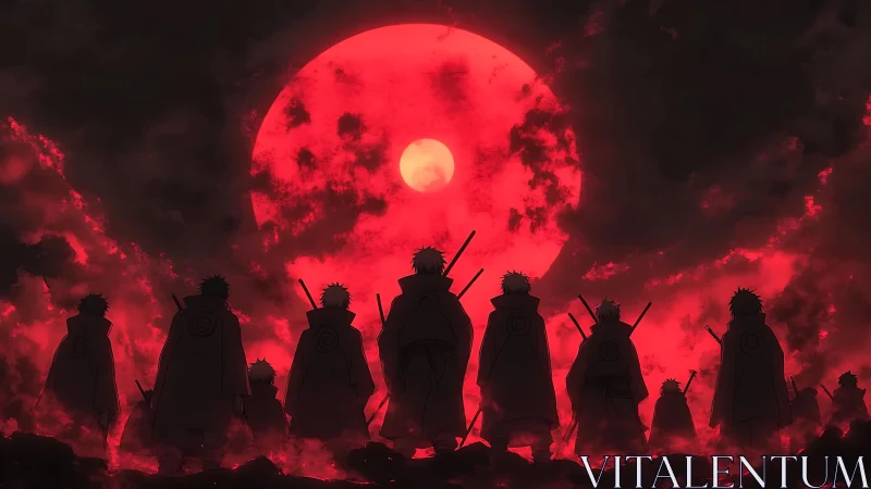 Silhouetted warriors under a vast blood red moon.