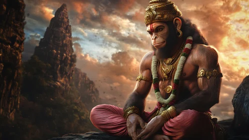 Photorealistic simian deity in meditative mountain composition.