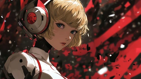 Soft‑eyed android girl in red and white sci fi storm.
