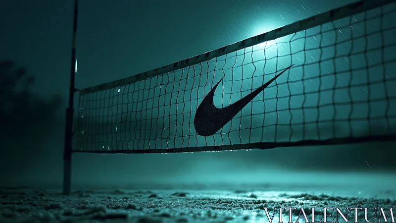 Nike branded tennis net in dramatic night rain scene.