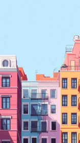 Pastel city facades stack under clear minimalist sky.
