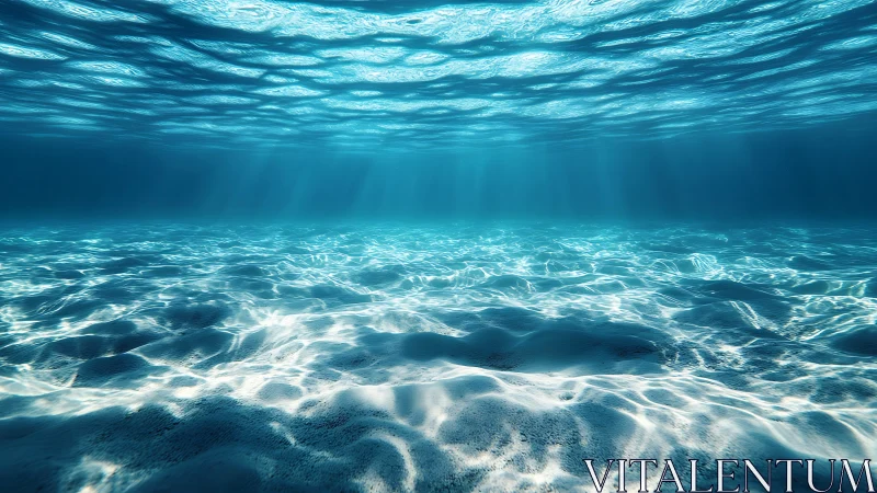 Sunlit underwater seafloor with rippled sand and caustics.