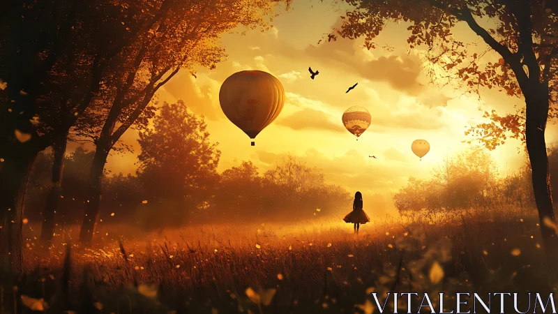 Girl watches sunrise balloons over glowing autumn field.