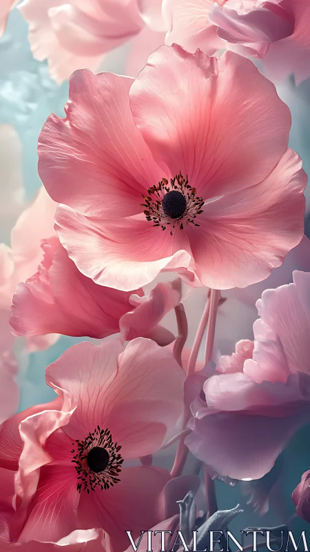 Pink Anemones Luminescent Against Turquoise Backdrop.