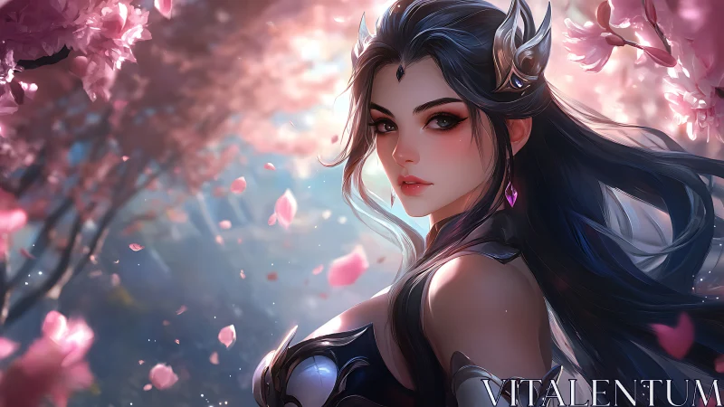 Enchanted warrior princess amid glowing cherry blossoms.