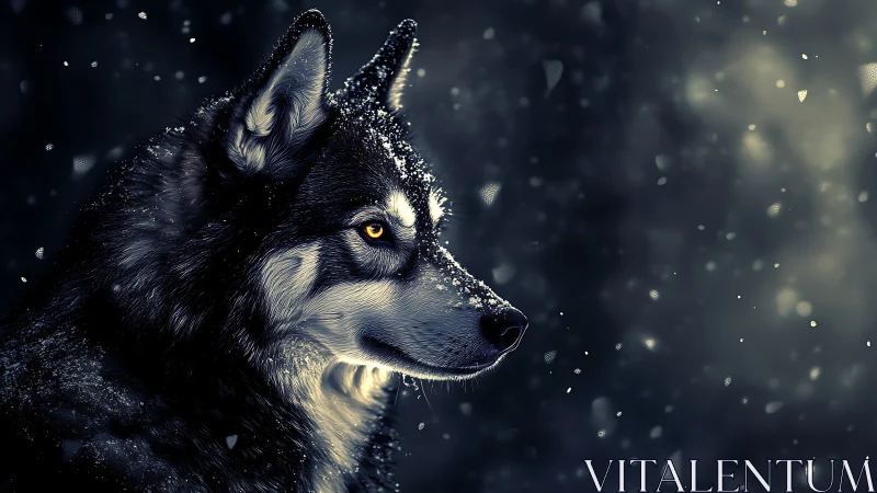 High-contrast side profile of snow-dusted wolf under soft bokeh snow