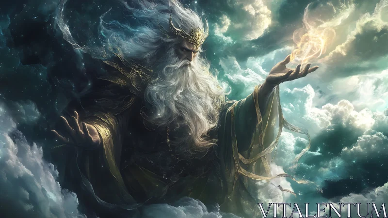 Celestial storm god conjuring radiant cosmic firestorm.