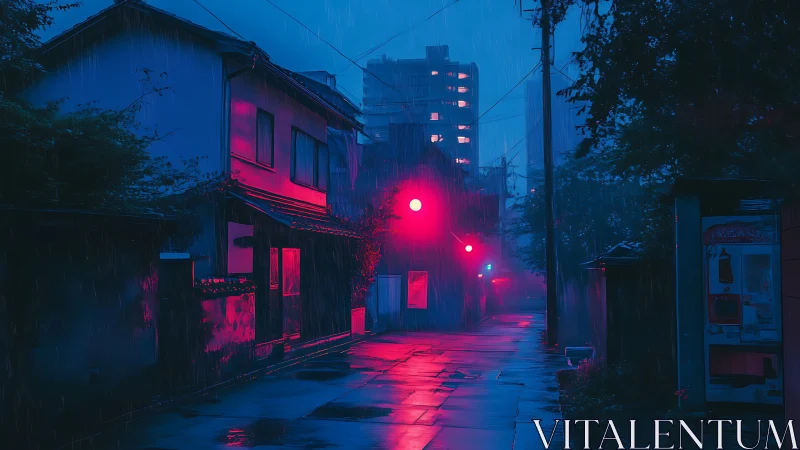 Neon-soaked alleyway in nocturnal rain, cyberpunk streetscape.