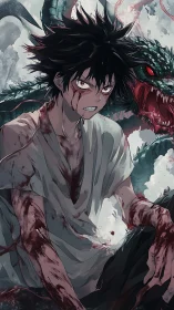 Lacerated anime combatant with coiled serpentine beast backdrop.