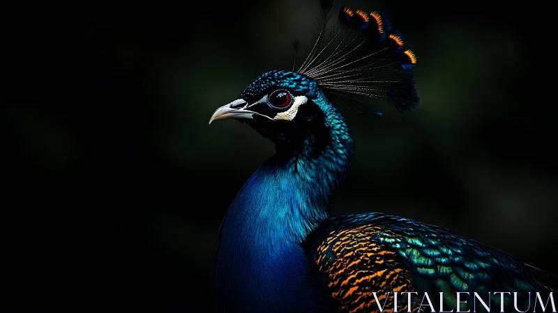 Vibrant Peacock Portrait with Dramatic Lighting in Dark Background.