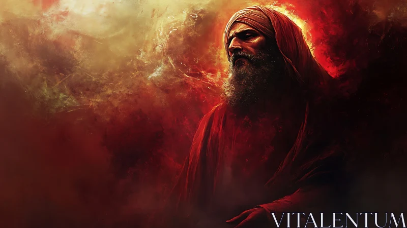 Fiery robed elder stands in swirling cosmic red light