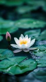 Serene white water lily glowing over deep teal pond.