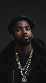 Cool confidence in gold chains and midnight street style.