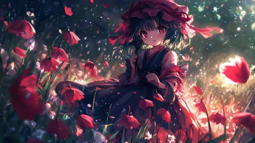 Backlit anime girl stands in dynamic tulip field with volumetric petals