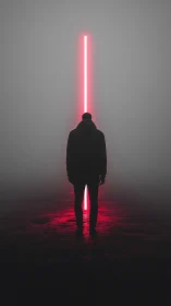 Silhouetted figure aligned with vertical neon magenta beam.