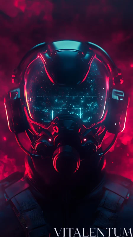 Neon lit space pilot stands ready inside glowing red mist