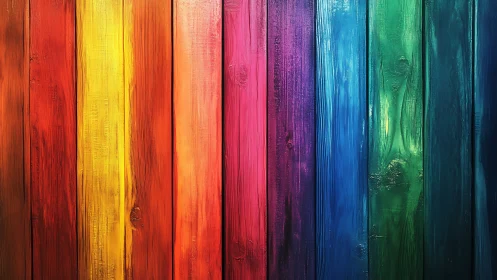 Vertical rainbow timber planks with bold chromatic layering.