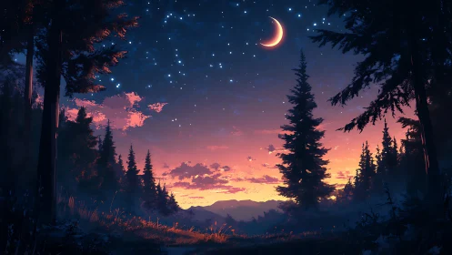 Nocturnal Forest Panorama With Crescent Moon And Stellar Void.