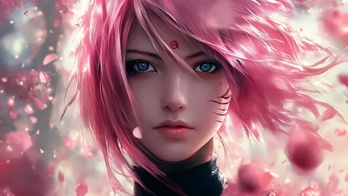 Pink haired kunoichi portrait in cherry blossom particle field.