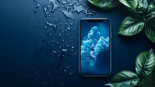 Waterproof smartphone on blue surface with leaves and drops.