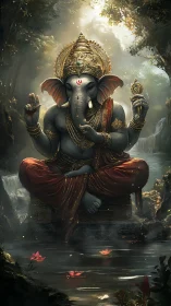 Divine Ganesh seated by forest pool with jeweled golden crown