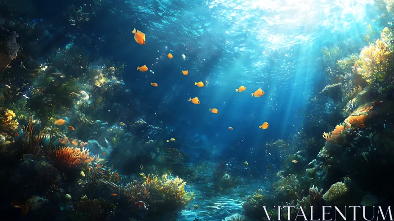 Sunlit coral reef glows beneath shimmering tropical waves