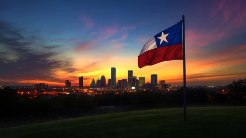 Texas flag dominates Dallas skyline under vivid sunset glow.