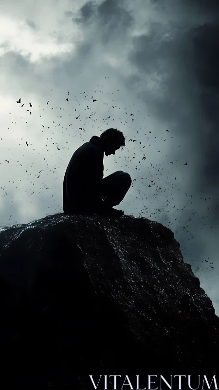 Storm-perched loner scattering thoughts into the wind.