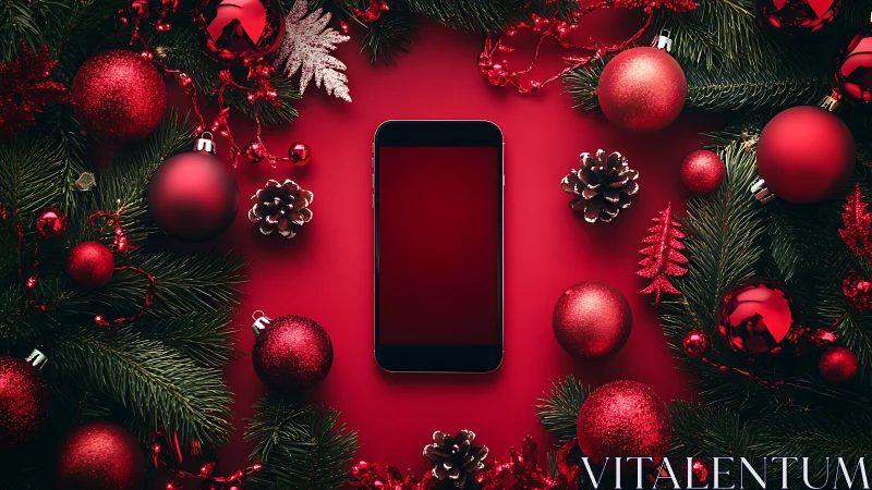 Photorealistic smartphone framed by festive red ornaments.