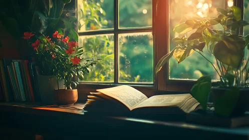 Sunlit storybook lingers between blooms and bright window