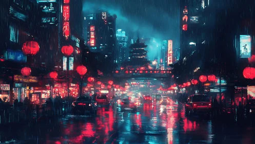 Cyberpunk night city street glows under neon red rain.