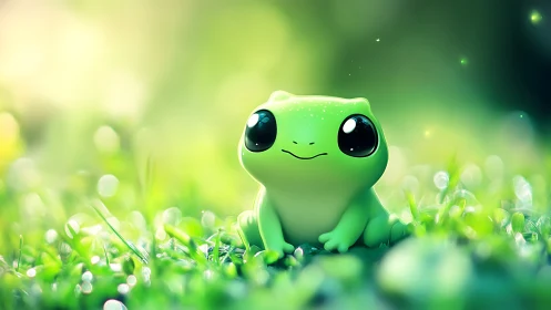 Smiling baby frog resting in dreamy sunlit meadow glow.