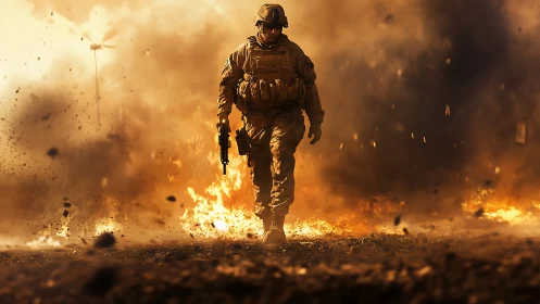 Soldier advancing through explosion in dusty war zone.