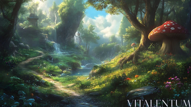 Enchanted Forest Valley with Giant Mushroom.