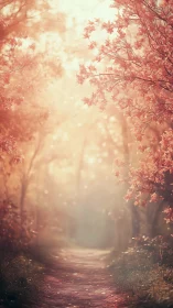 Pink Blossoms Line a Misty Forest Path