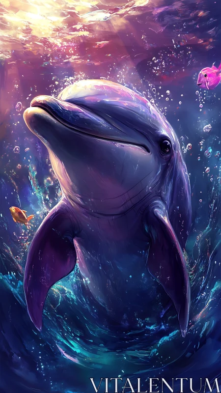 Digital painting of dolphin rising through colorful water.