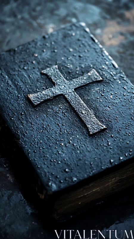 Rain-dimmed prayer book crowned by a weathered metal cross.