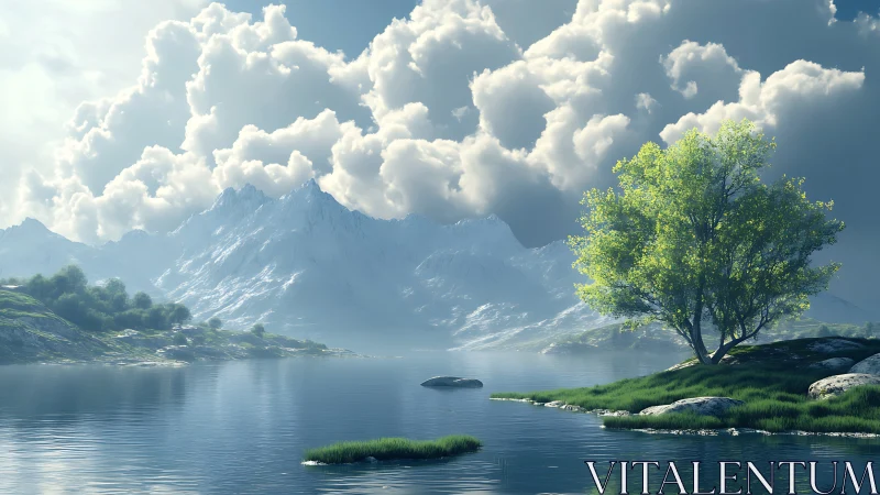 Radiant lakeside tree before volumetric alpine cloudscape.