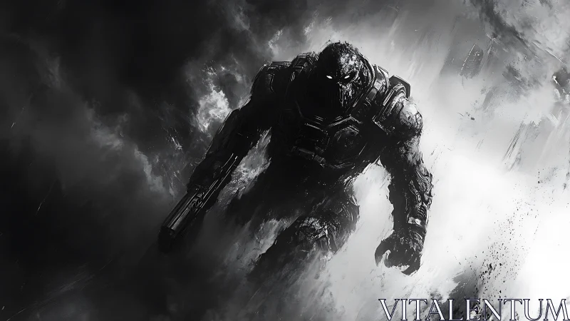 Armored biomechanical trooper advances through high-contrast smoke field