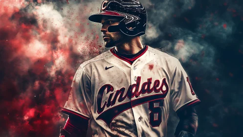 Baseball player in white jersey amidst smoky backdrop.