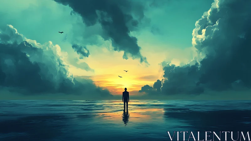 Solitary human figure on reflective sea under dense clouds.