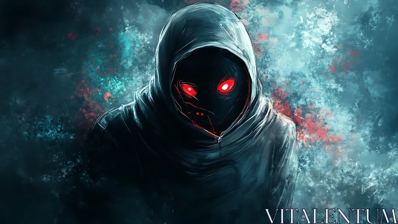 Digital painting of hooded cyber apparition with neon eyes.
