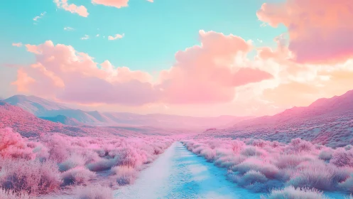Pastel desert valley road under luminous cotton clouds.