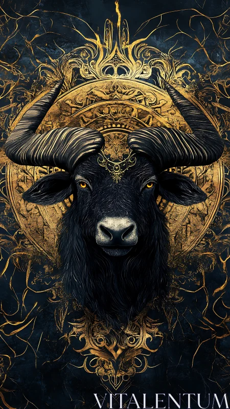 Horned black bull with ornate gold circular mandala background.