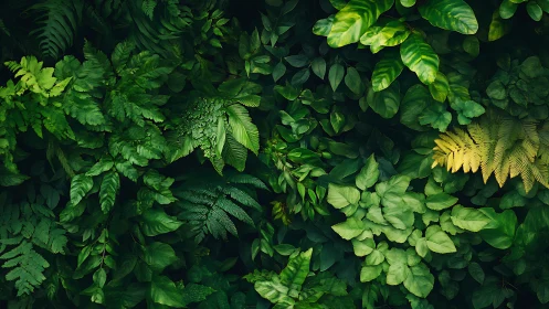 Dense green foliage wall with layered tropical leaves.